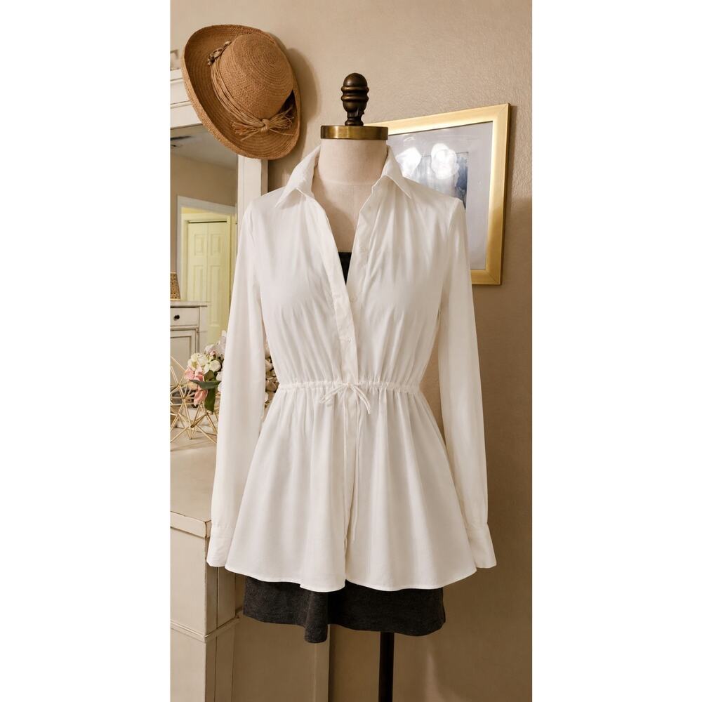 Zara White Button Up Peplum Blouse Drawstring Waist Long Sleeve Shirt Top S